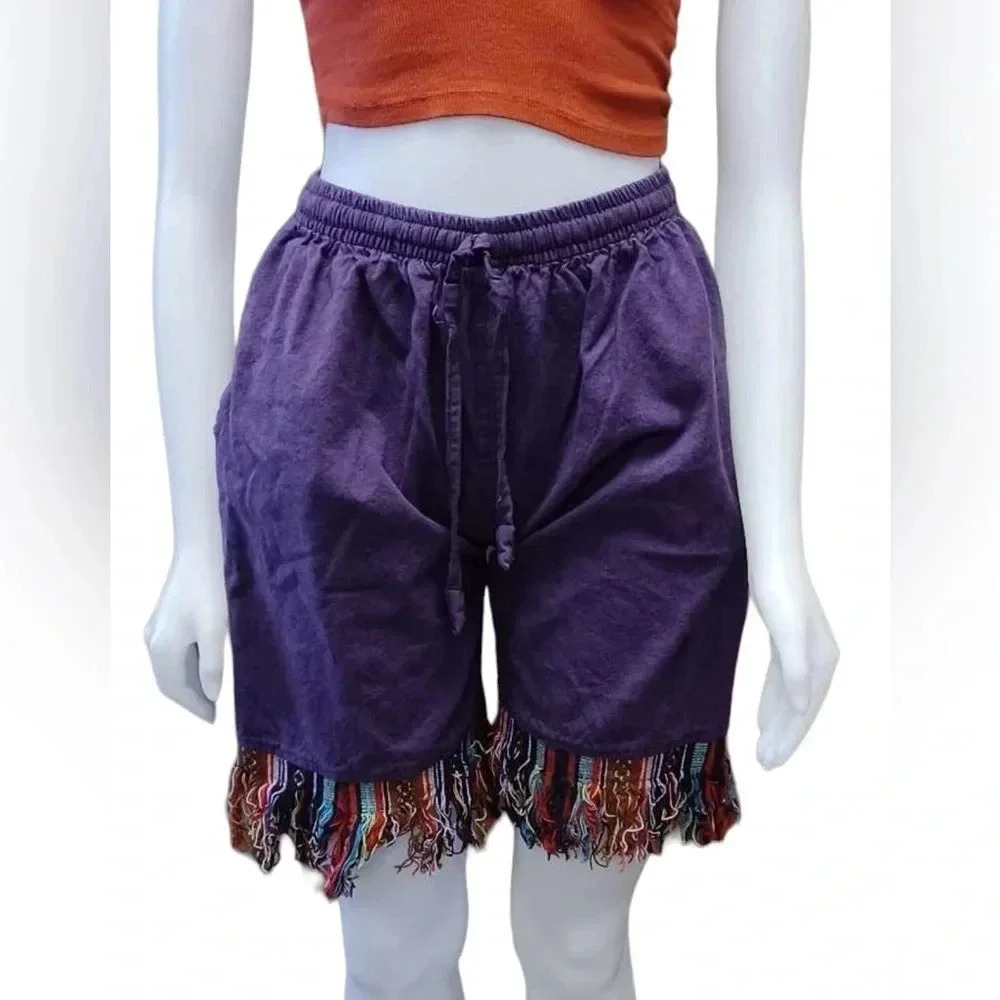 TLB The Little Bazaar Purple Fringe Boho Shorts Size S/M